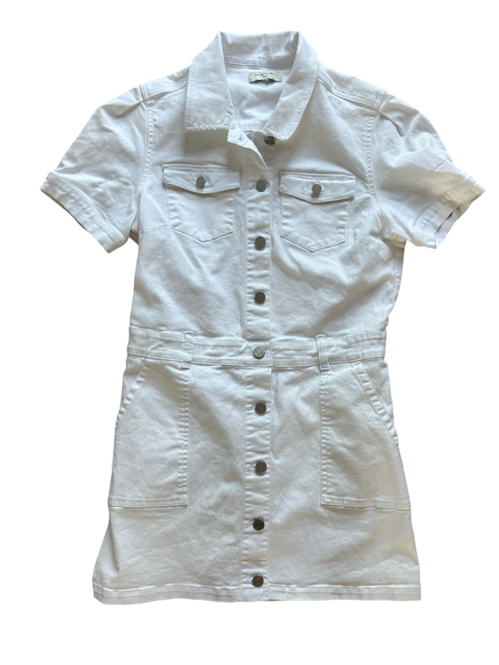 Habitual White Denim Cotton Blend Dress Y2K Buttons Pockets Size L Belt Loops